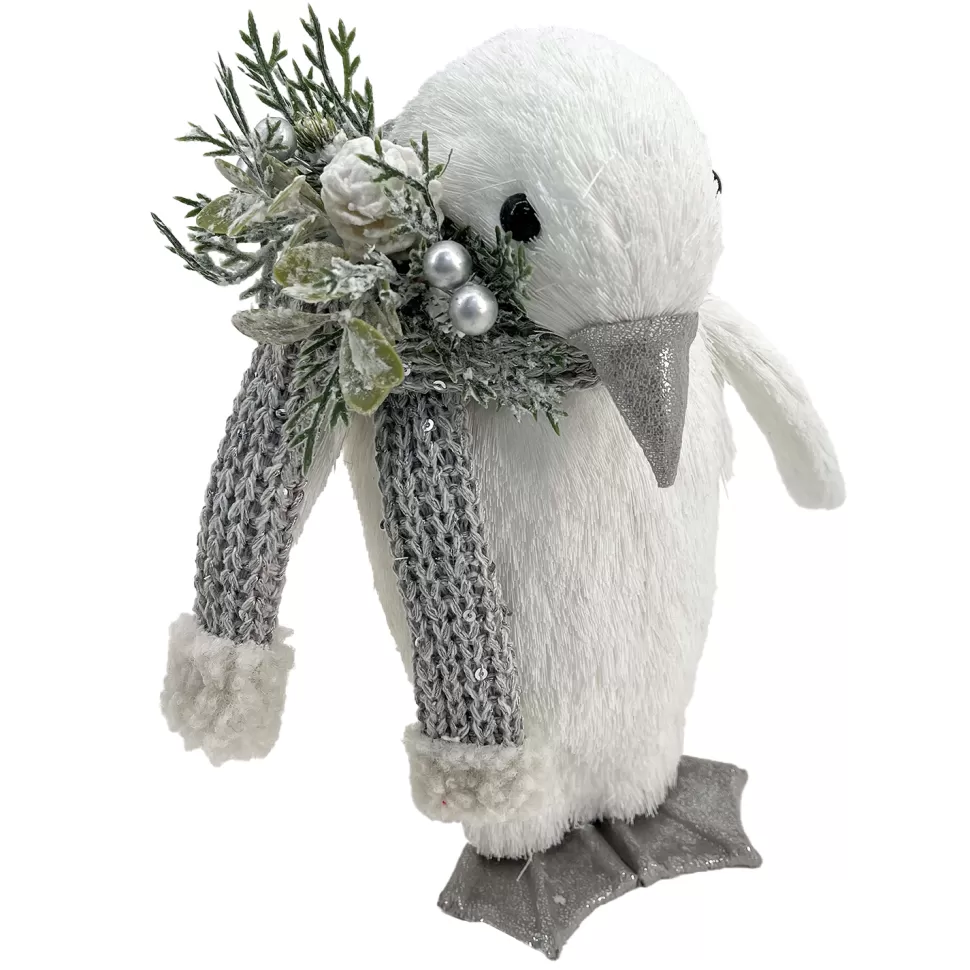 Christmas Forever PENGUIN STANDING FAUX GRASS WHITE 5″x10.5″ W/ SCARF, FROSTED PINE & BERRIES