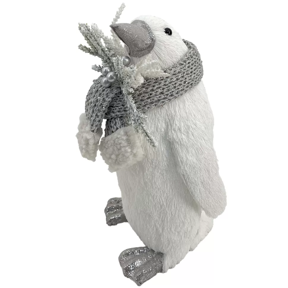 Christmas Forever PENGUIN STANDING FAUX GRASS WHITE 6.5″x10″ W/ SCARF, FROSTED PINE & BERRIES