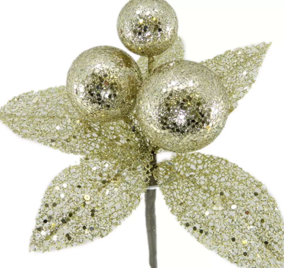 Christmas Forever PICK BALLS 8.5″ W/LEAVES CHAMPAGNE GLITTER