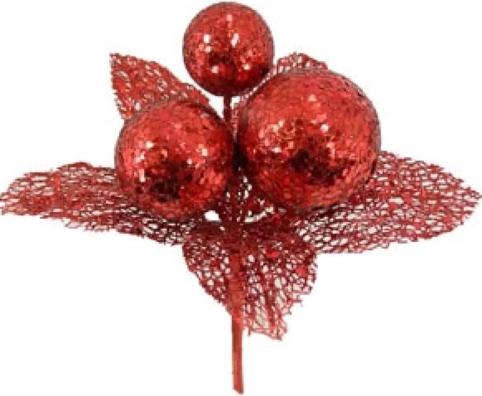 Christmas Forever PICK BALLS 8.5″ W/LEAVES RED GLITTER