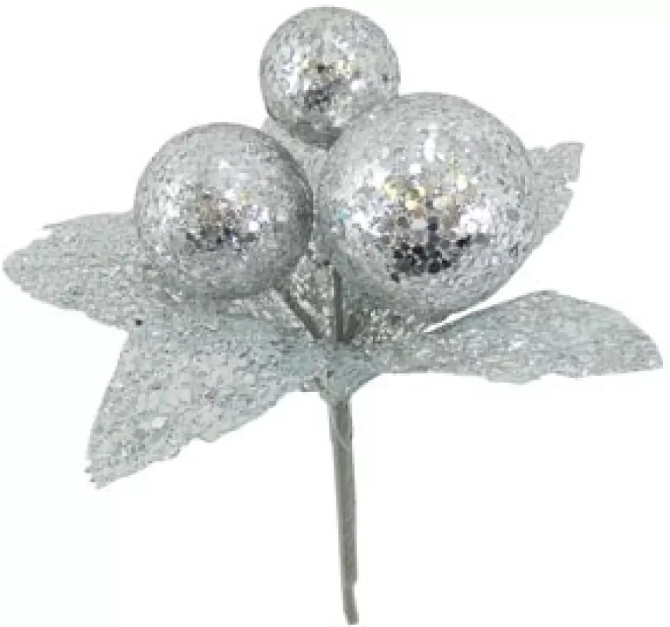 Christmas Forever PICK BALLS 8.5″ W/LEAVES SILVER GLITTER