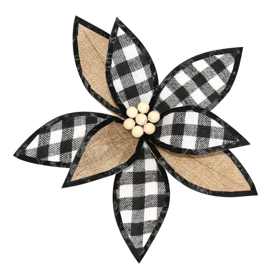 Christmas Forever POINSETTIA HEAD 12″ FABRIC PLAID & BURLAP WITH CLIP