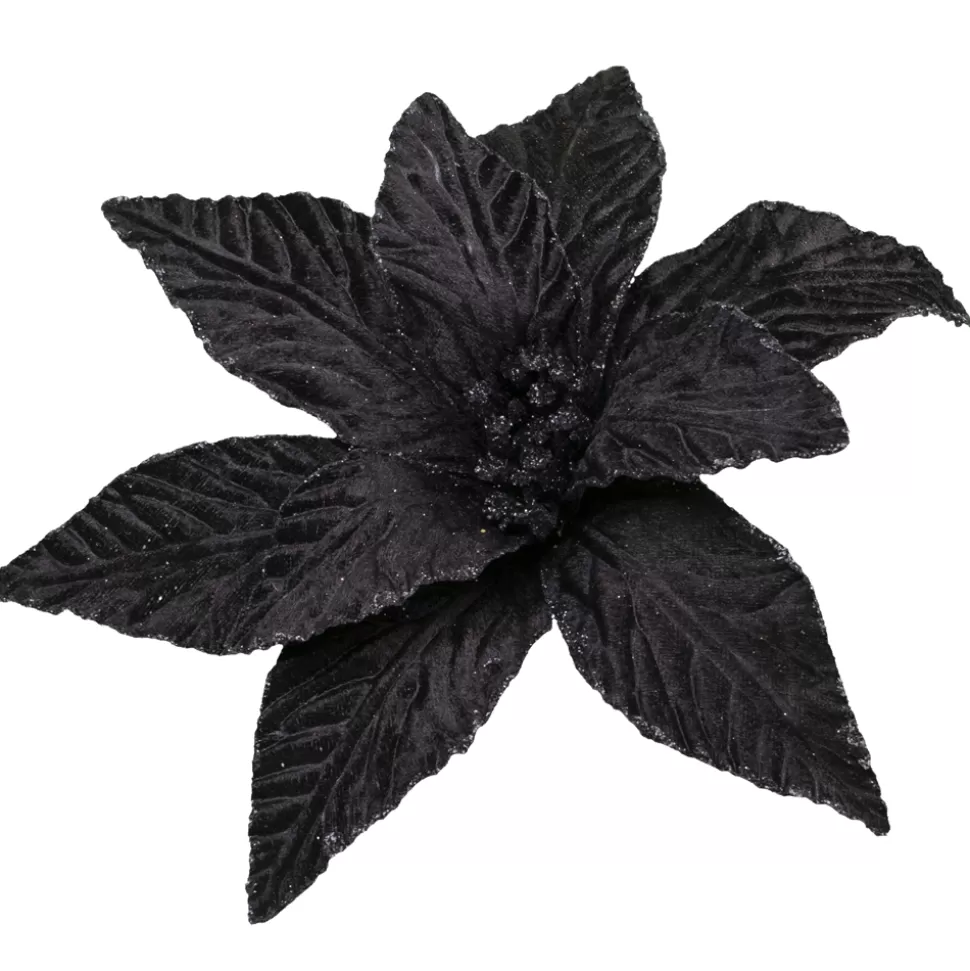 Christmas Forever POINSETTIA HEAD BLACK 10″ VELVET W/ GLITTER EDGE & CLIP