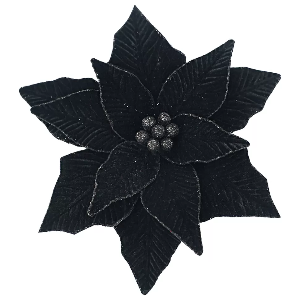 Christmas Forever POINSETTIA HEAD BLACK 11.5″ VELVET W/ CLIP