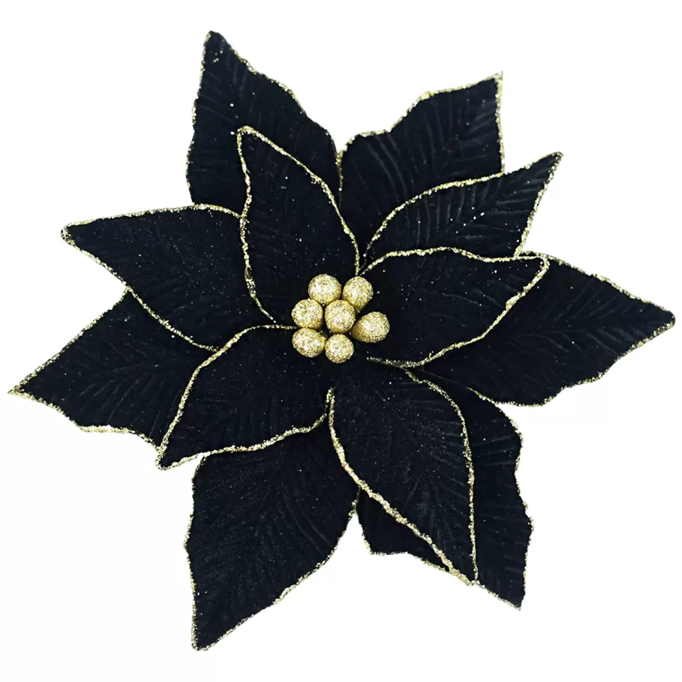 Christmas Forever POINSETTIA HEAD BLACK 11.5″ VELVET W/ GOLD GLITTER EDGE & CLIP
