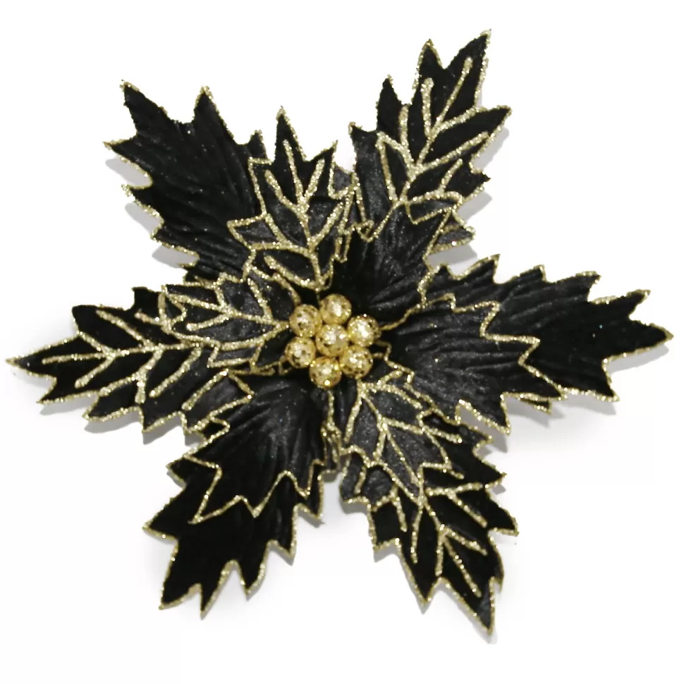 Christmas Forever POINSETTIA HEAD BLACK 13.5″ VELVET W/ GOLD GLITTER W/ CLIP