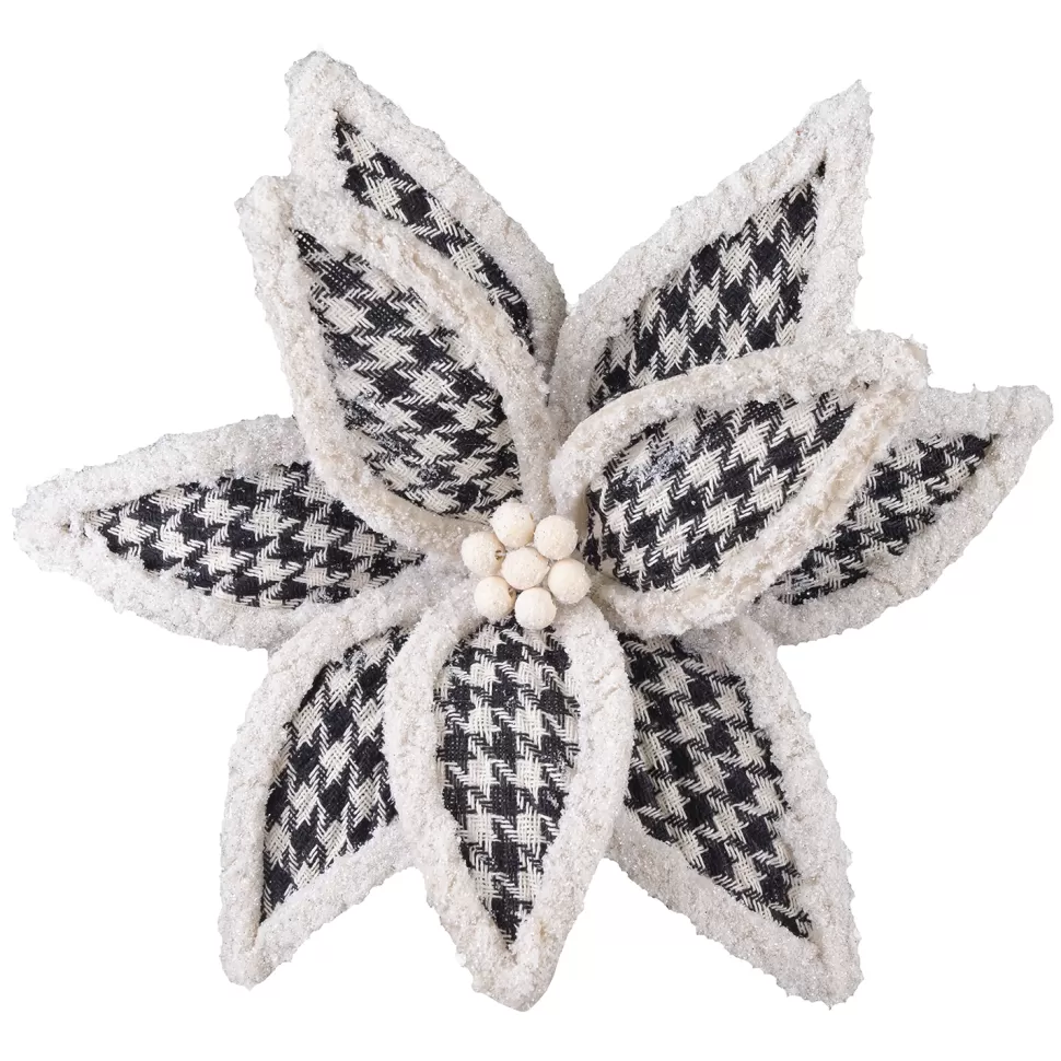 Christmas Forever POINSETTIA HEAD BLACK / WHITE 12″ HOUNDSTOOTH PLAID W/ FLOCKED SHIMMER EDGES