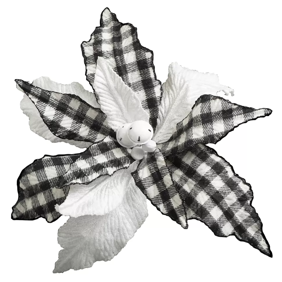 Christmas Forever POINSETTIA HEAD BLACK / WHITE 13″ W/BERRY IN MIDDLE & CLIP