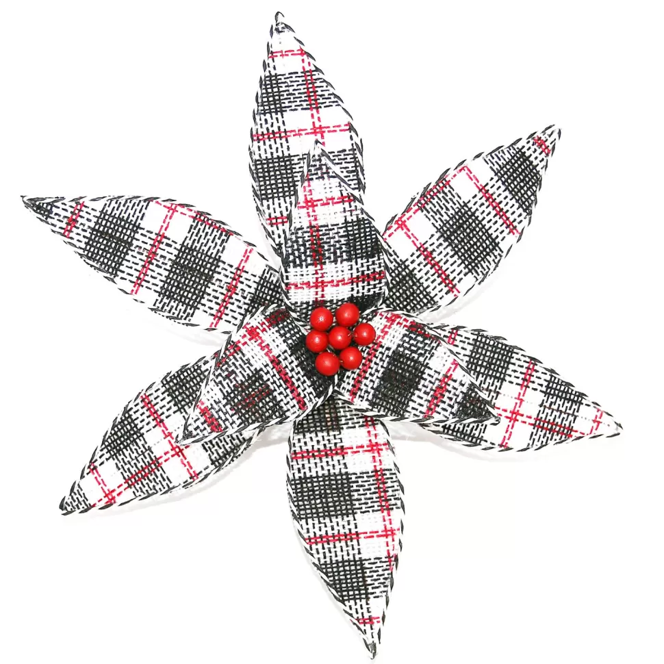 Christmas Forever POINSETTIA HEAD BLACK / WHITE / RED 12.5″ PLAID W/BELLS W/CLIP
