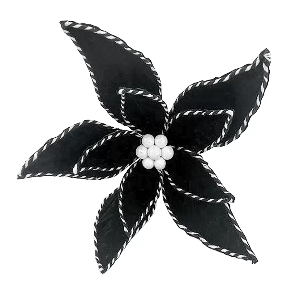 Christmas Forever POINSETTIA HEAD BLACK /WHITE 7.5″ FABRIC W/RIBBON EDGE W/ CLIP
