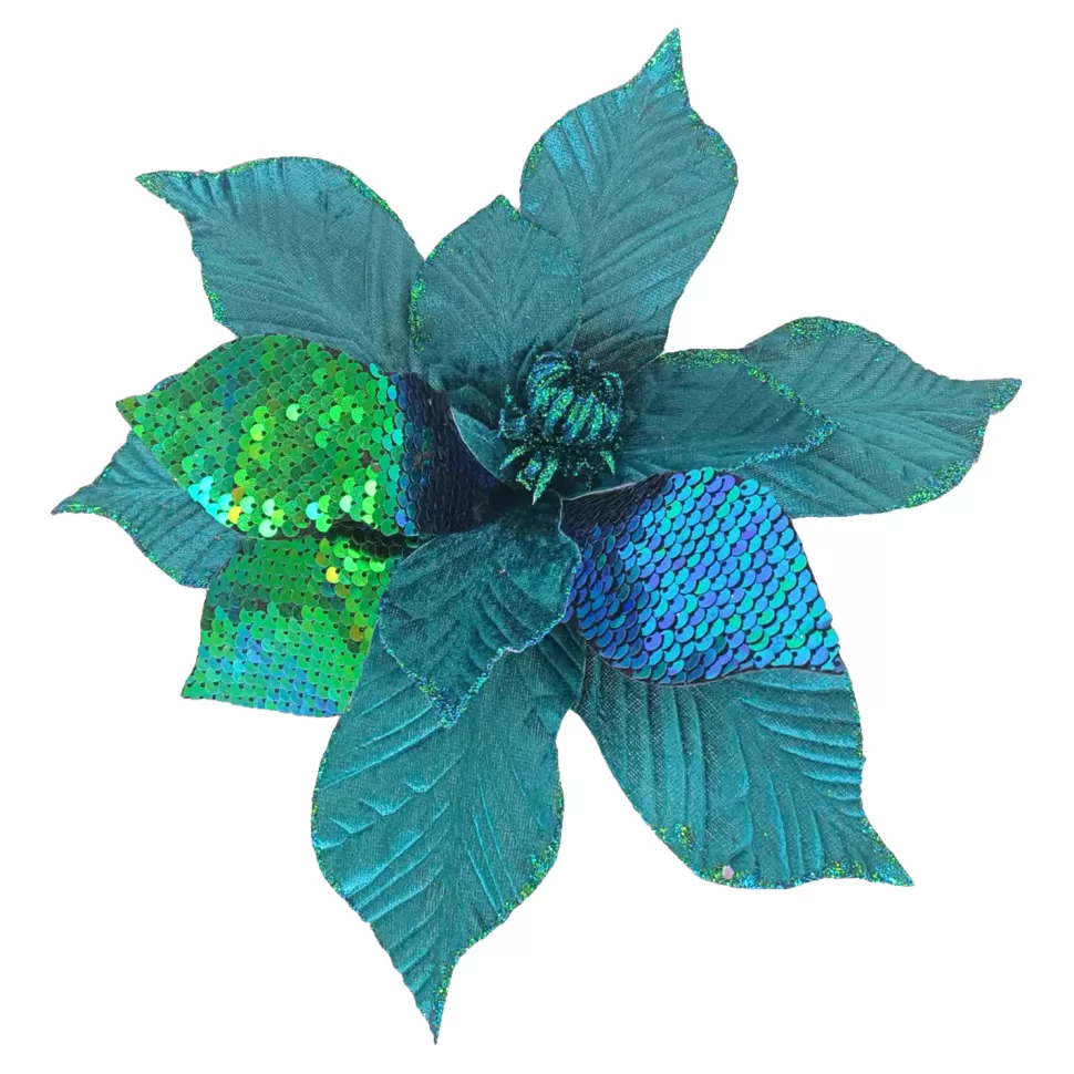 Christmas Forever POINSETTIA HEAD BLUE / PEACOCK 9″ VELVET E W/ SEQUINS, GLITTER &CLIP