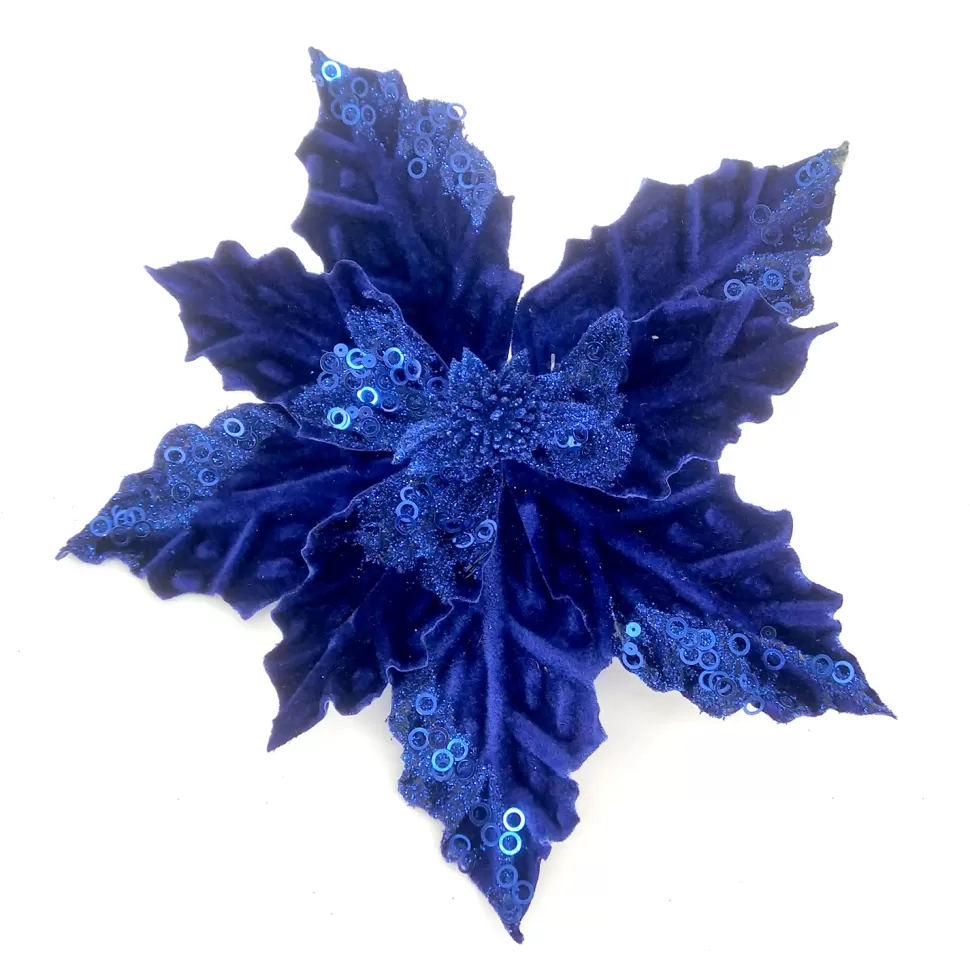 Christmas Forever POINSETTIA HEAD BLUE COBALT 5″ VELVET W/SEQUIN AND CLIP