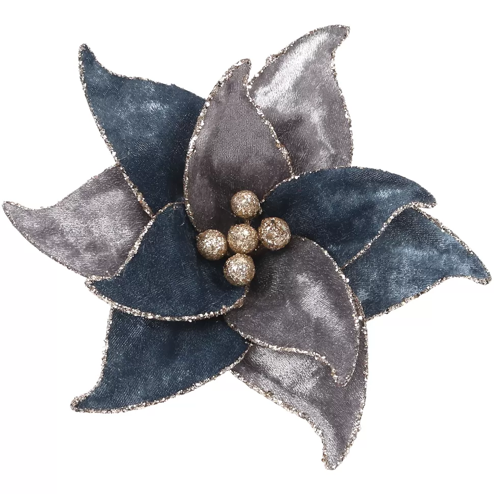 Christmas Forever POINSETTIA HEAD BLUE /GRAY 7.5″ VELVET W/GLTR EDGE WITH CLIP
