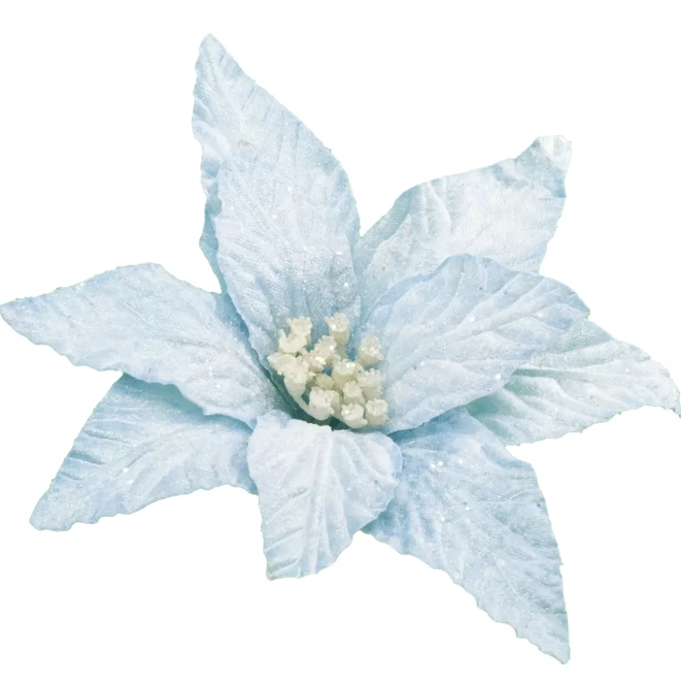 Christmas Forever POINSETTIA HEAD BLUE ICE 10″ W/ FROST & CLIP