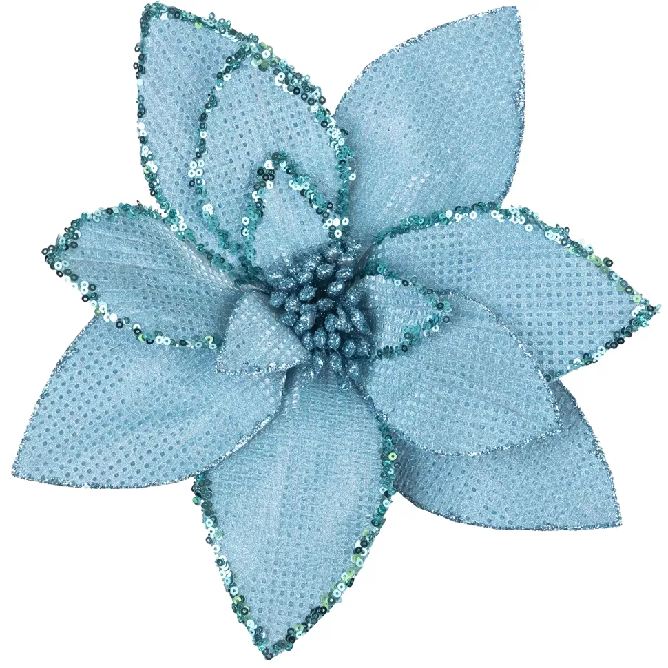 Christmas Forever POINSETTIA HEAD BLUE ICE 10″ W/ GLITTER BORDER & CLIP