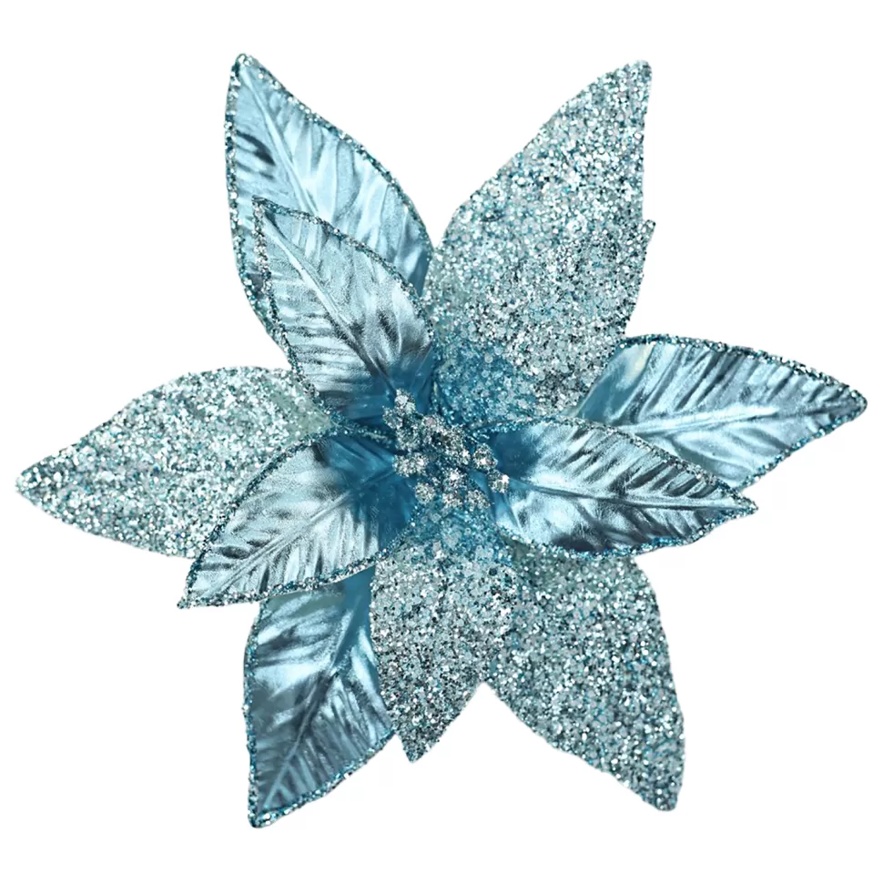 Christmas Forever POINSETTIA HEAD BLUE ICE 12″ LEATHER METALLIC W/ CLIP