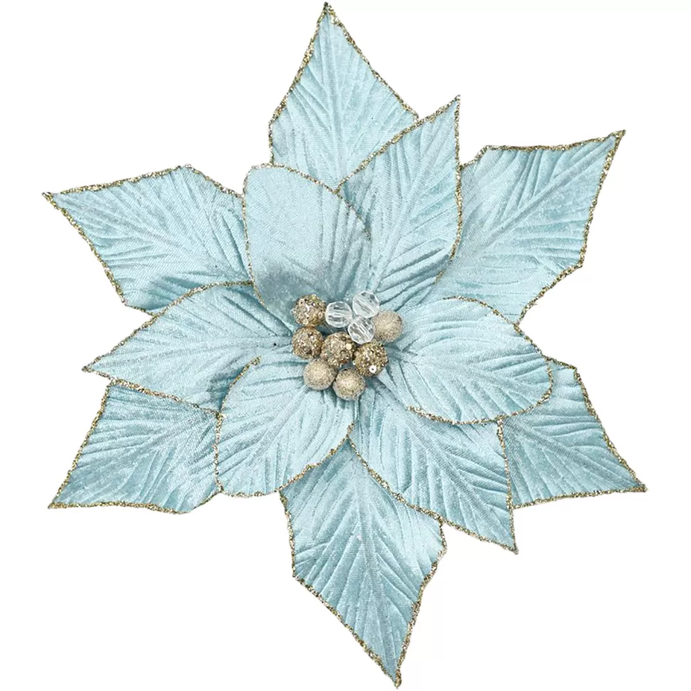 Christmas Forever POINSETTIA HEAD BLUE ICE 12″ VELVET CH GLITTER EDGE W/ CLIP