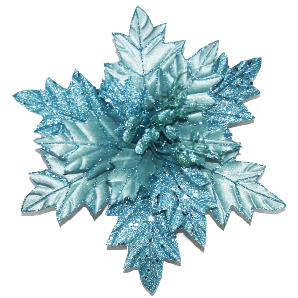Christmas Forever POINSETTIA HEAD BLUE ICE 13.5″ W/GLITTER W/CLIP