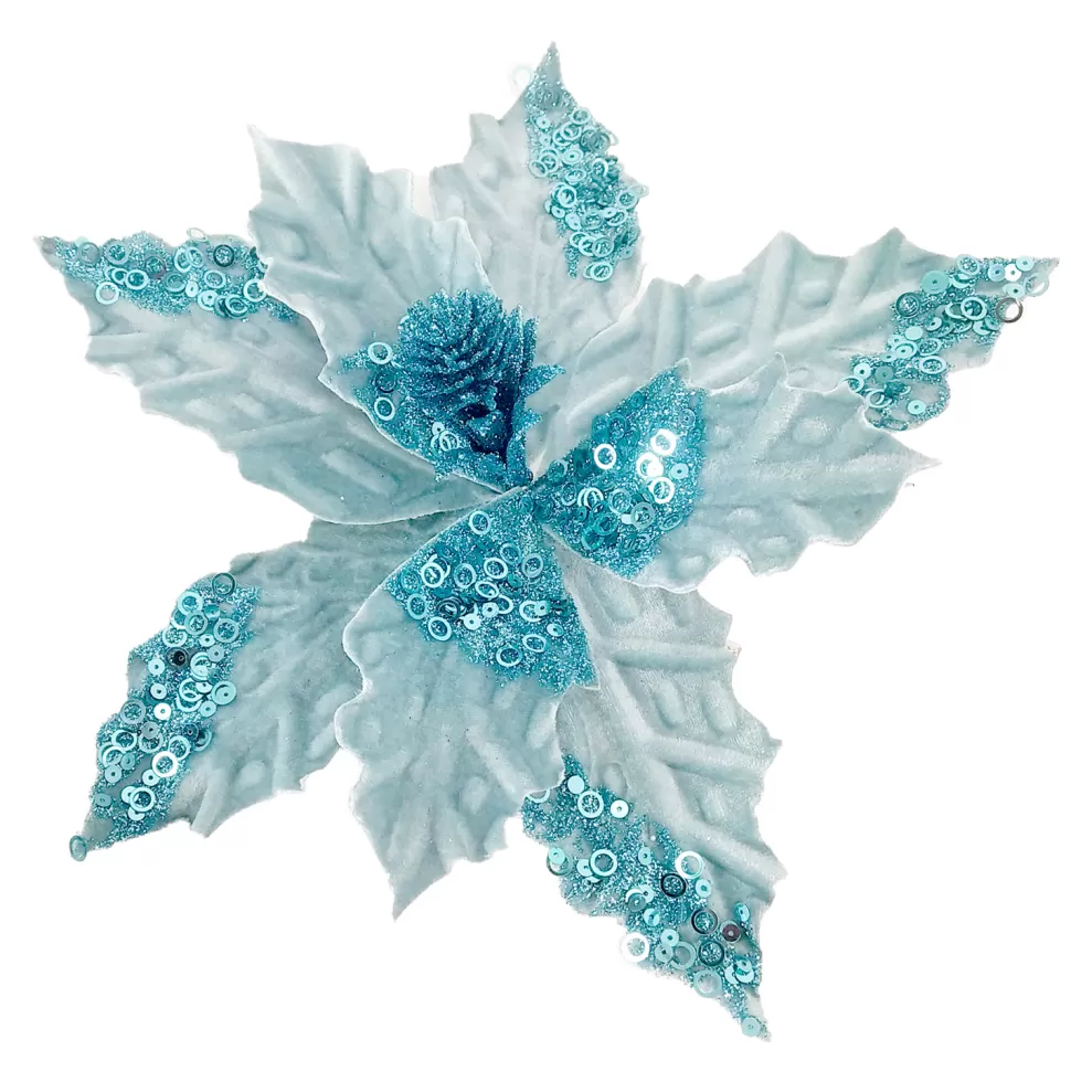 Christmas Forever POINSETTIA HEAD BLUE LIGHT 5″ VELVET W/SEQUIN & CLIP
