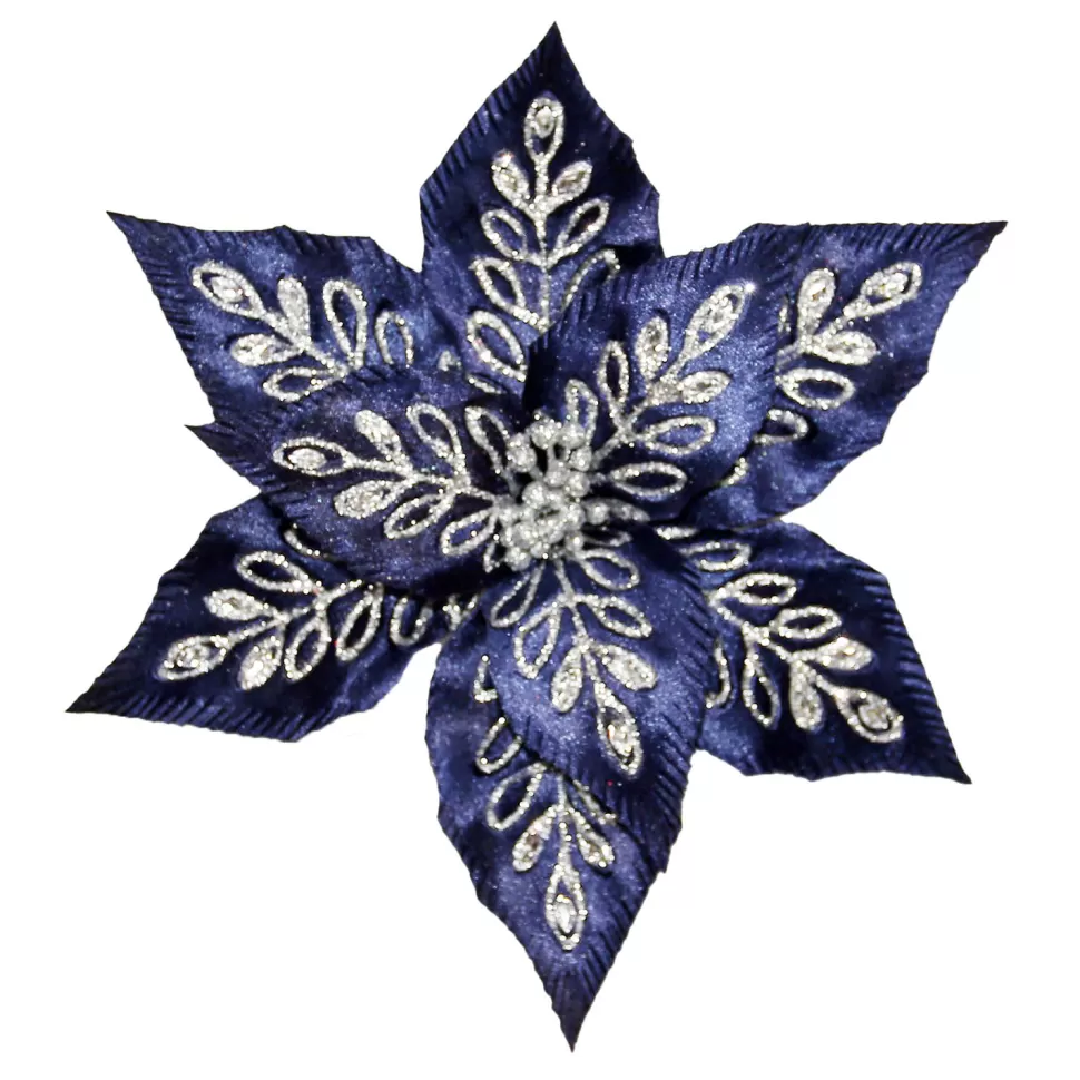 Christmas Forever POINSETTIA HEAD BLUE MIDNIGHT 13″ SILVER GLTR W/CLIP
