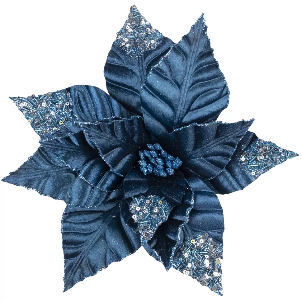 Christmas Forever POINSETTIA HEAD BLUE NAVY 10″VELVET W/ SEQUINS & GLITTER W/ CLIP