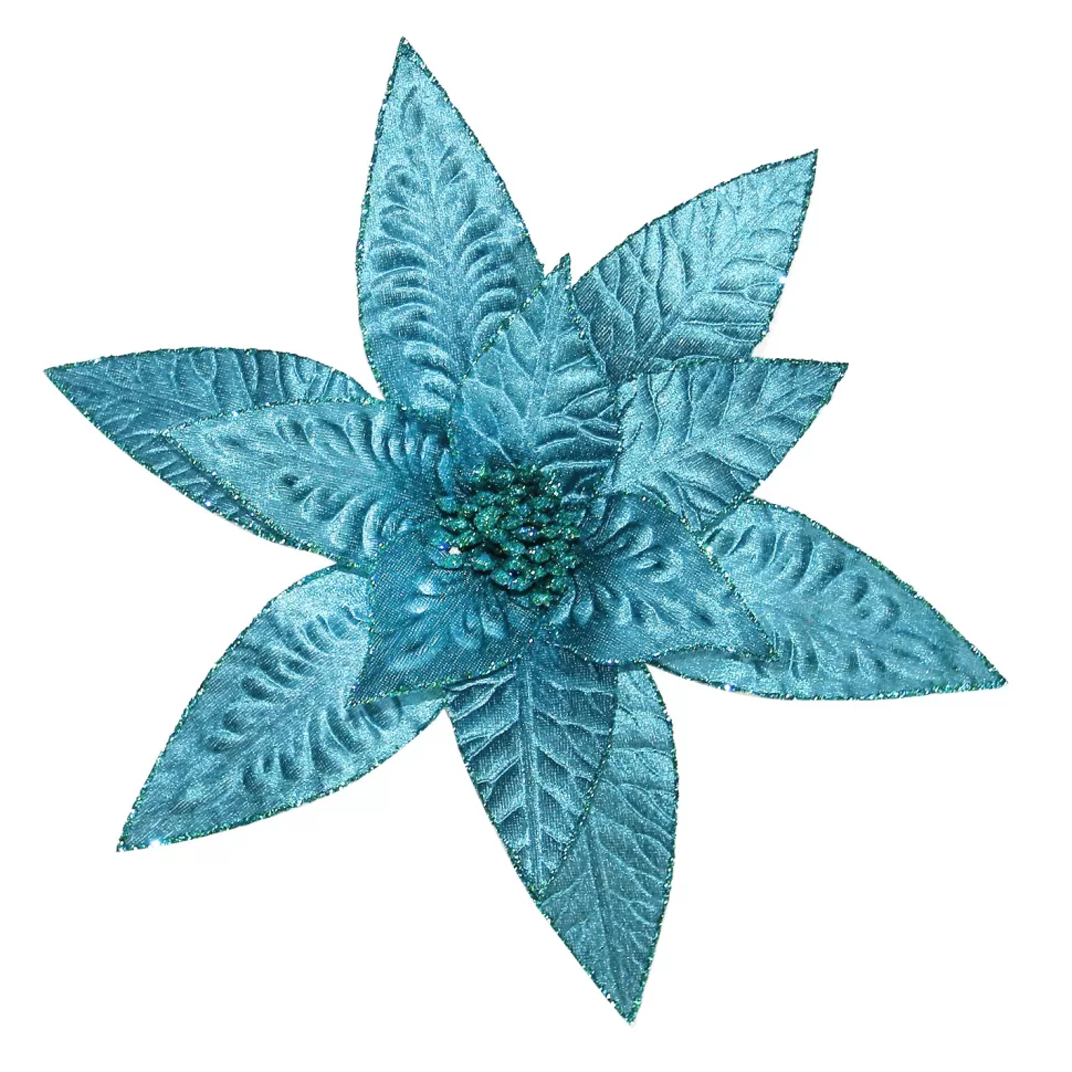 Christmas Forever POINSETTIA HEAD BLUE PEACOCK 11.5″ W/ GLTR. & CLIP