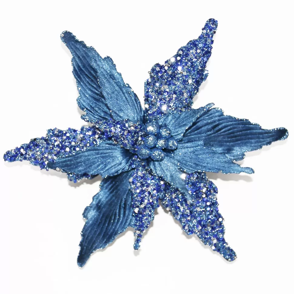 Christmas Forever POINSETTIA HEAD BLUE SCUBA 12″ W/GLITTER W/CLIP