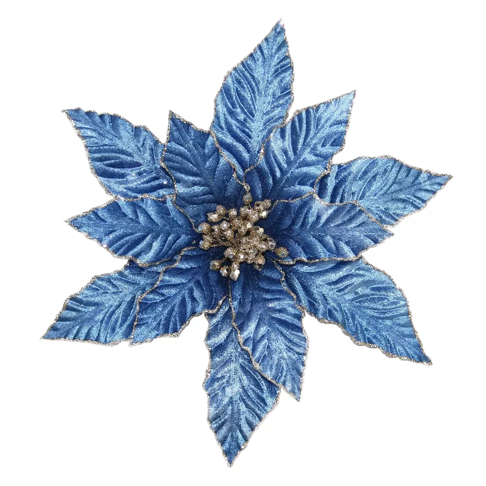 Christmas Forever POINSETTIA HEAD BLUE STEEL 12″ VELVET W/ CHAMP. GLTR & CLIP