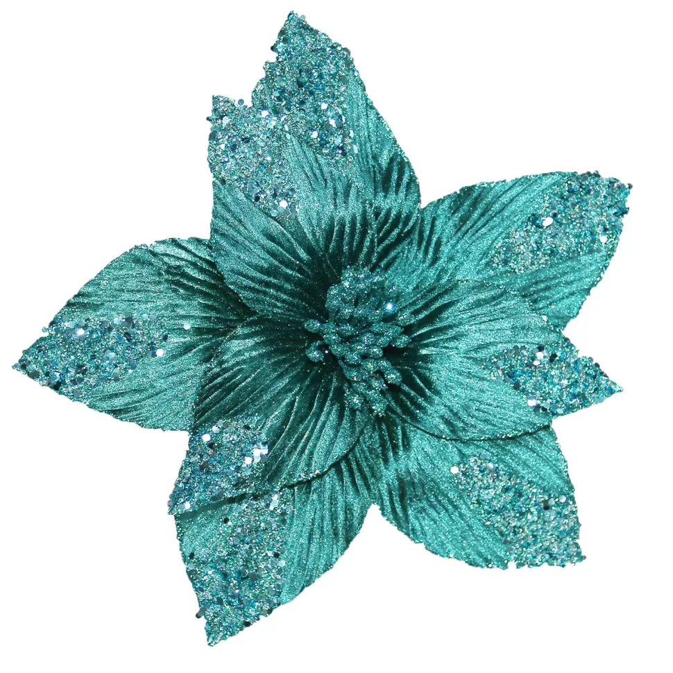 Christmas Forever POINSETTIA HEAD BLUE/PEACOCK 11.5″ W/ GLTR & CLIP