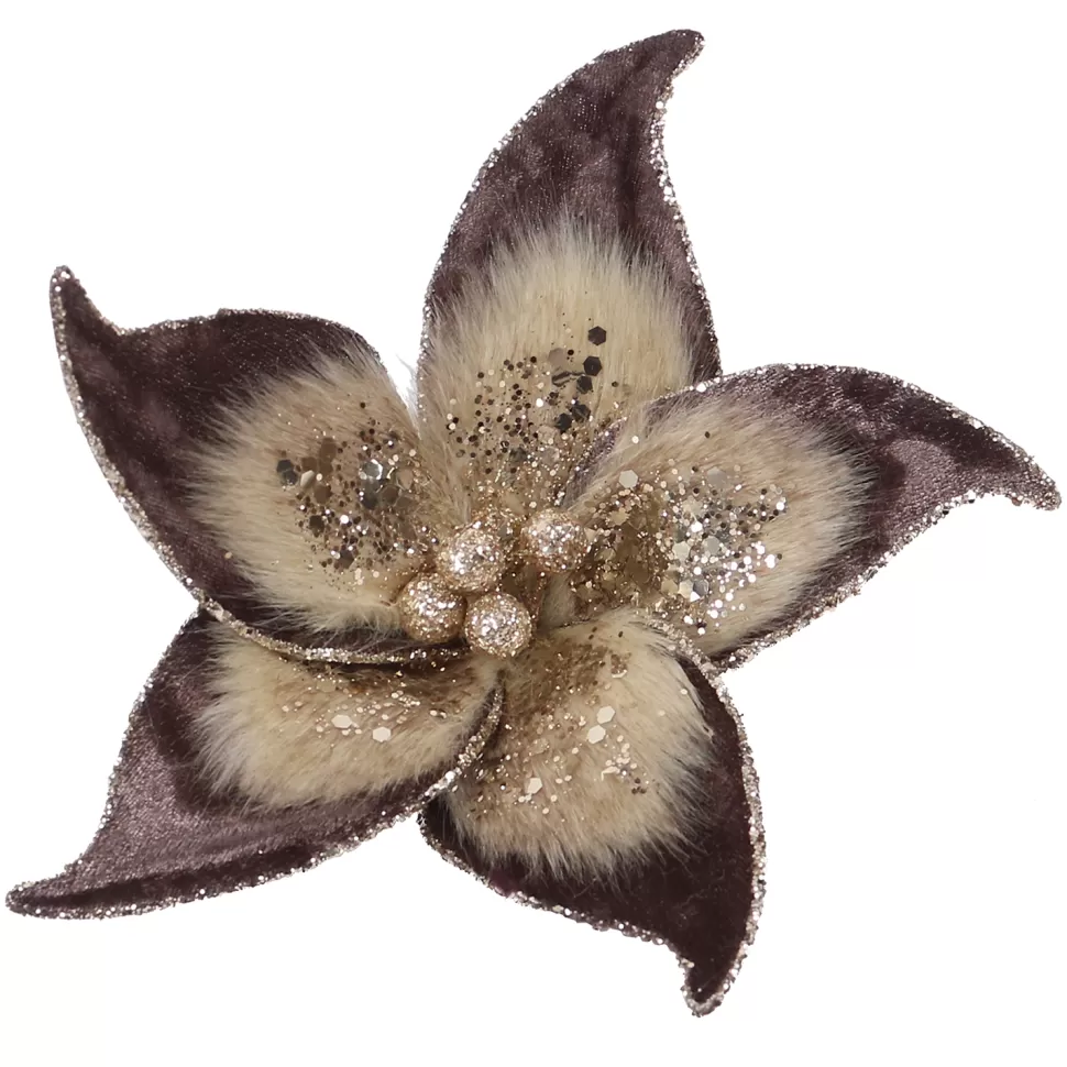 Christmas Forever POINSETTIA HEAD BROWN 7.5″ VELVET W/ GLTR. & CLIP