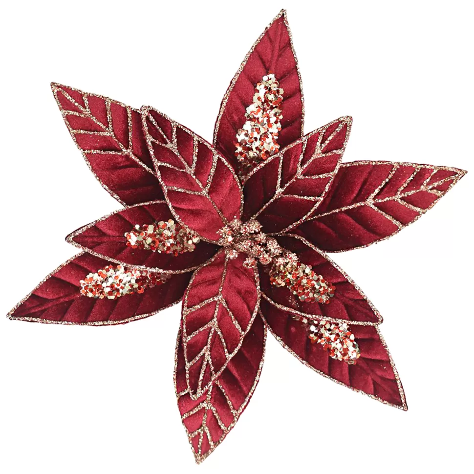Christmas Forever POINSETTIA HEAD BURGUNDY 12″ VELVET W/ CH GLITTER W/ CLIP