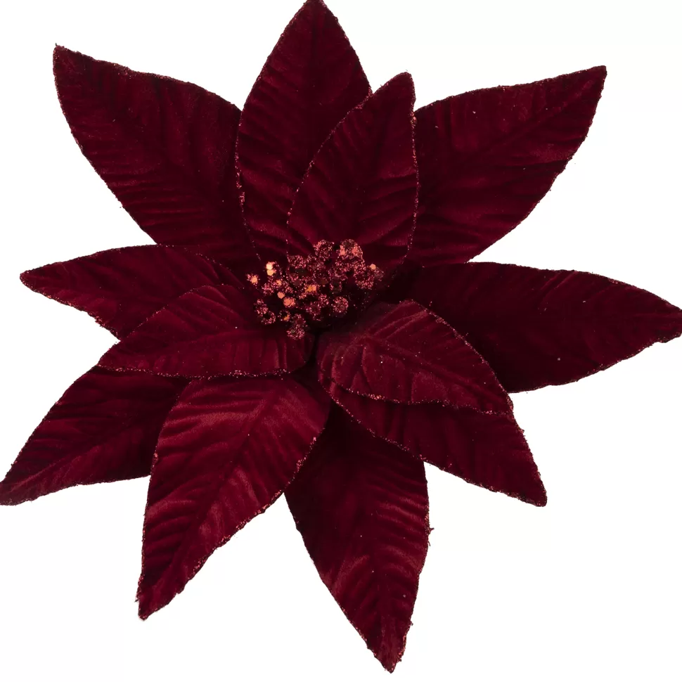 Christmas Forever POINSETTIA HEAD BURGUNDY 12″ VELVET W/ GLITTER BORDER W/ CLIP