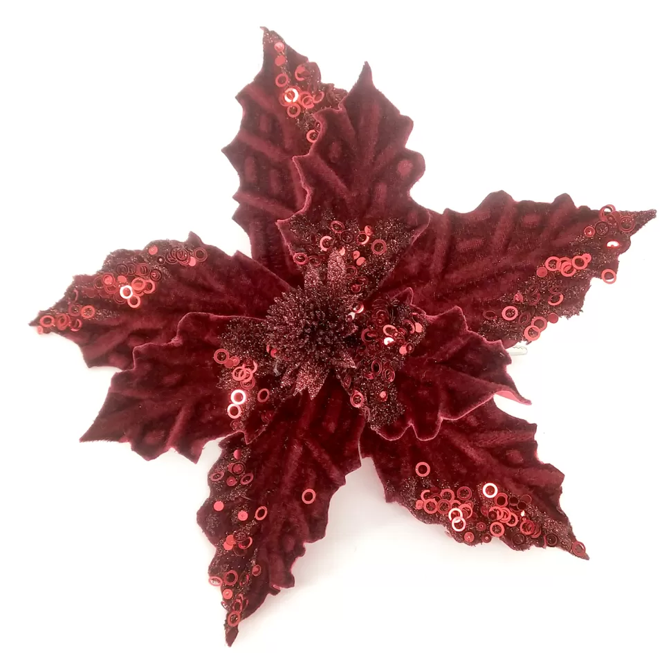 Christmas Forever POINSETTIA HEAD BURGUNDY 5″ VELVET W/SEQUIN & CLIP
