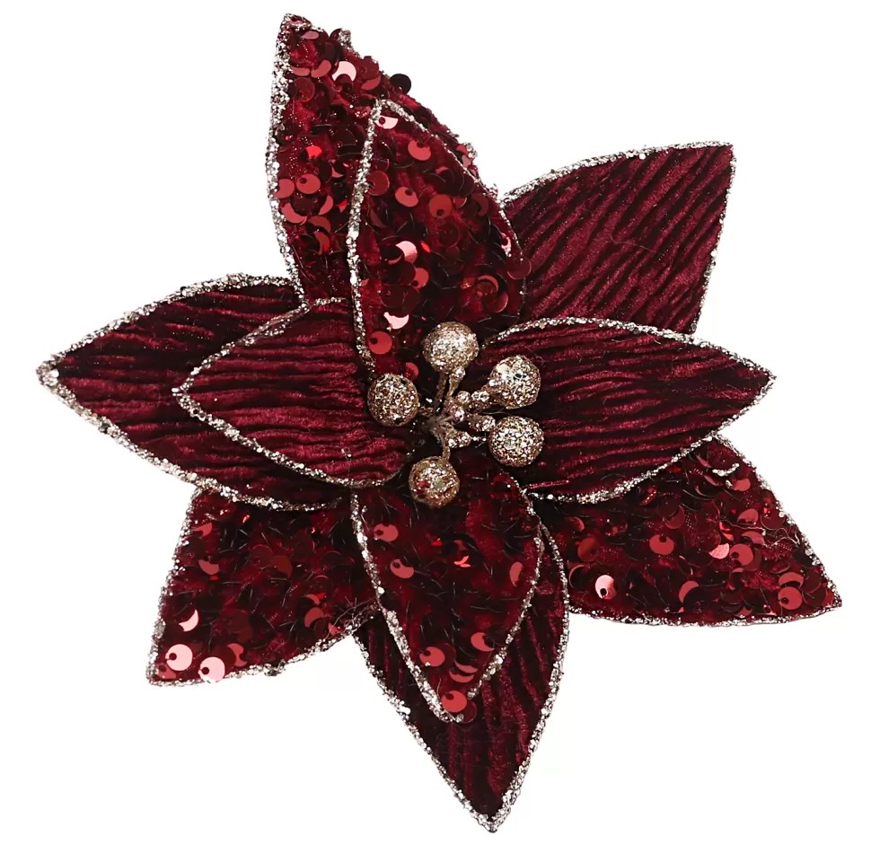 Christmas Forever POINSETTIA HEAD BURGUNDY 7.5″ VELVET W/ SEQUIN & CLIP