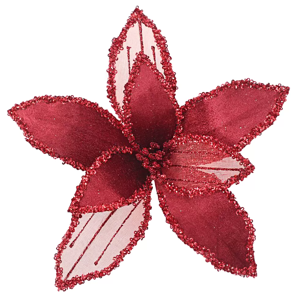 Christmas Forever POINSETTIA HEAD BURGUNDY 9″ VELVET SHEER W/ CLIP
