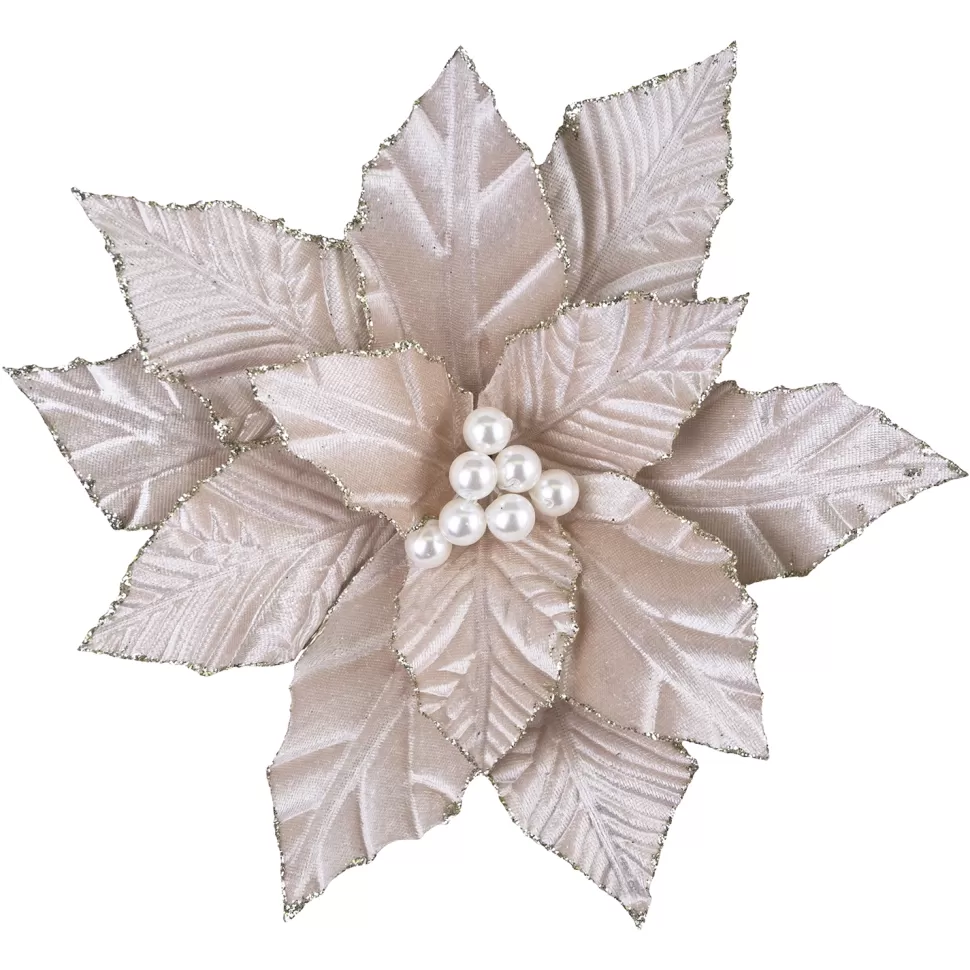 Christmas Forever POINSETTIA HEAD CHAMPAGNE 10″ W/ GLITTER BORDER & PEARLS W/ CLIP