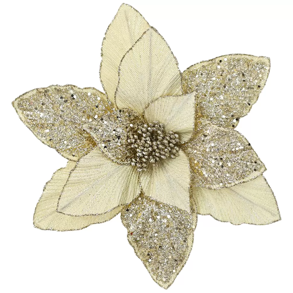 Christmas Forever POINSETTIA HEAD CHAMPAGNE 11.5″ GLITTER METALLIC W/ CLIP