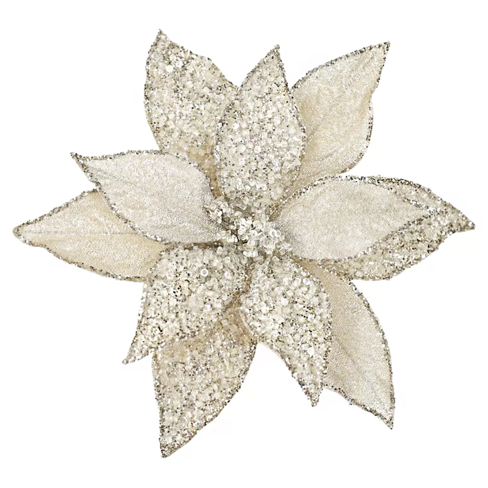 Christmas Forever POINSETTIA HEAD CHAMPAGNE 11.5″ METALLIC ICED W/ CLIP