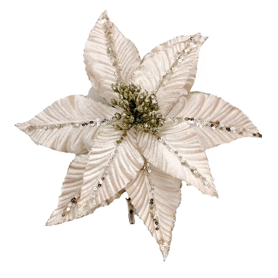 Christmas Forever POINSETTIA HEAD CHAMPAGNE 5″ VELVET W/ CH. GLITTER & CLIP
