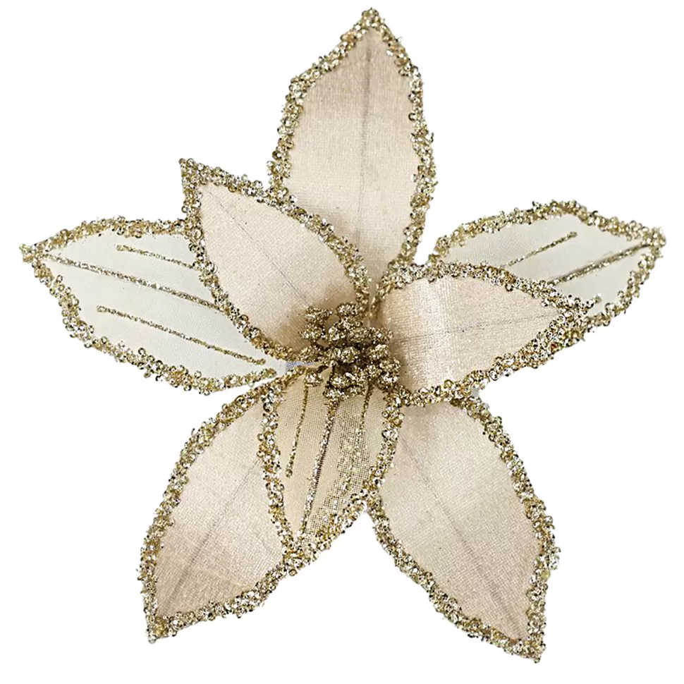 Christmas Forever POINSETTIA HEAD CHAMPAGNE 9″ VELVET SHEER W/ CLIP