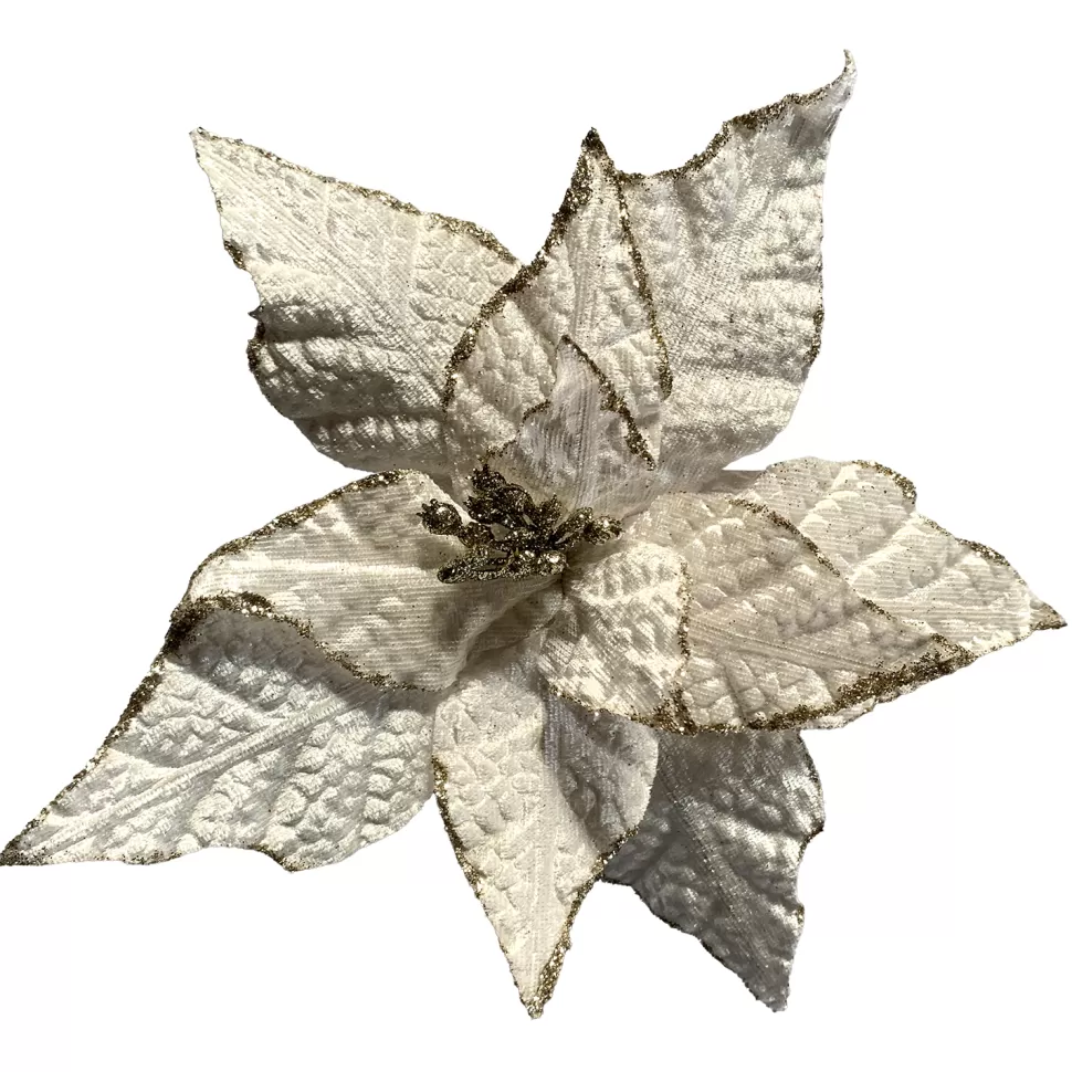 Christmas Forever POINSETTIA HEAD CHAMPAGNE/ CREAM 7.5″ W/ GLITTER EDGE & CLIP