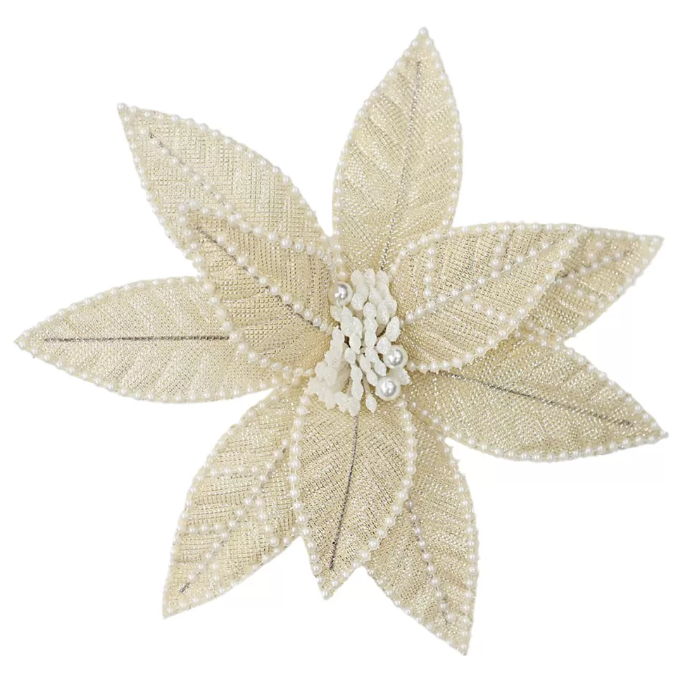 Christmas Forever POINSETTIA HEAD CHAMPAGNE/WHITE 12.5″ LEATHER W/ PEARLS & CLIP