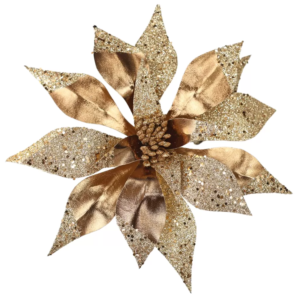 Christmas Forever POINSETTIA HEAD COPPER BROWN 12″ LEATHER METALLIC W/ CLIP