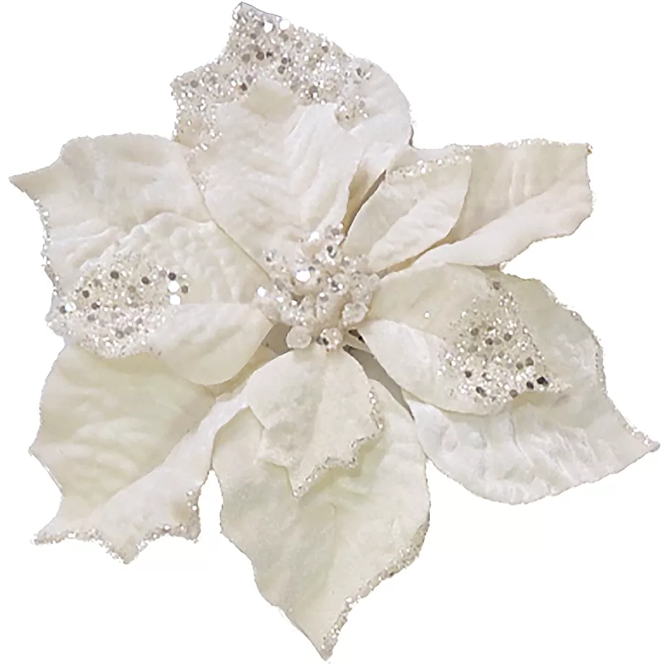 Christmas Forever POINSETTIA HEAD CREAM 10″ CARDED W/ GLITTER & CLIP