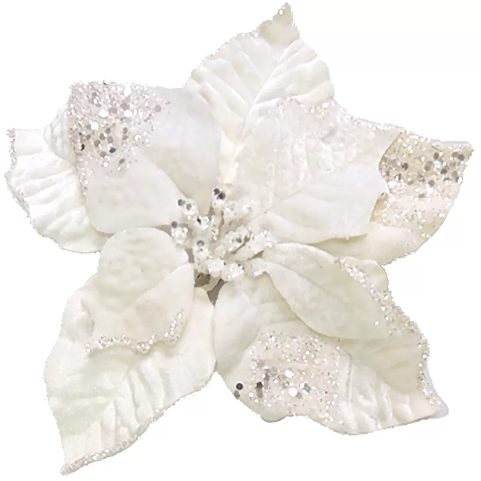 Christmas Forever POINSETTIA HEAD CREAM 9″ CARDED W/ GLITTER & CLIP