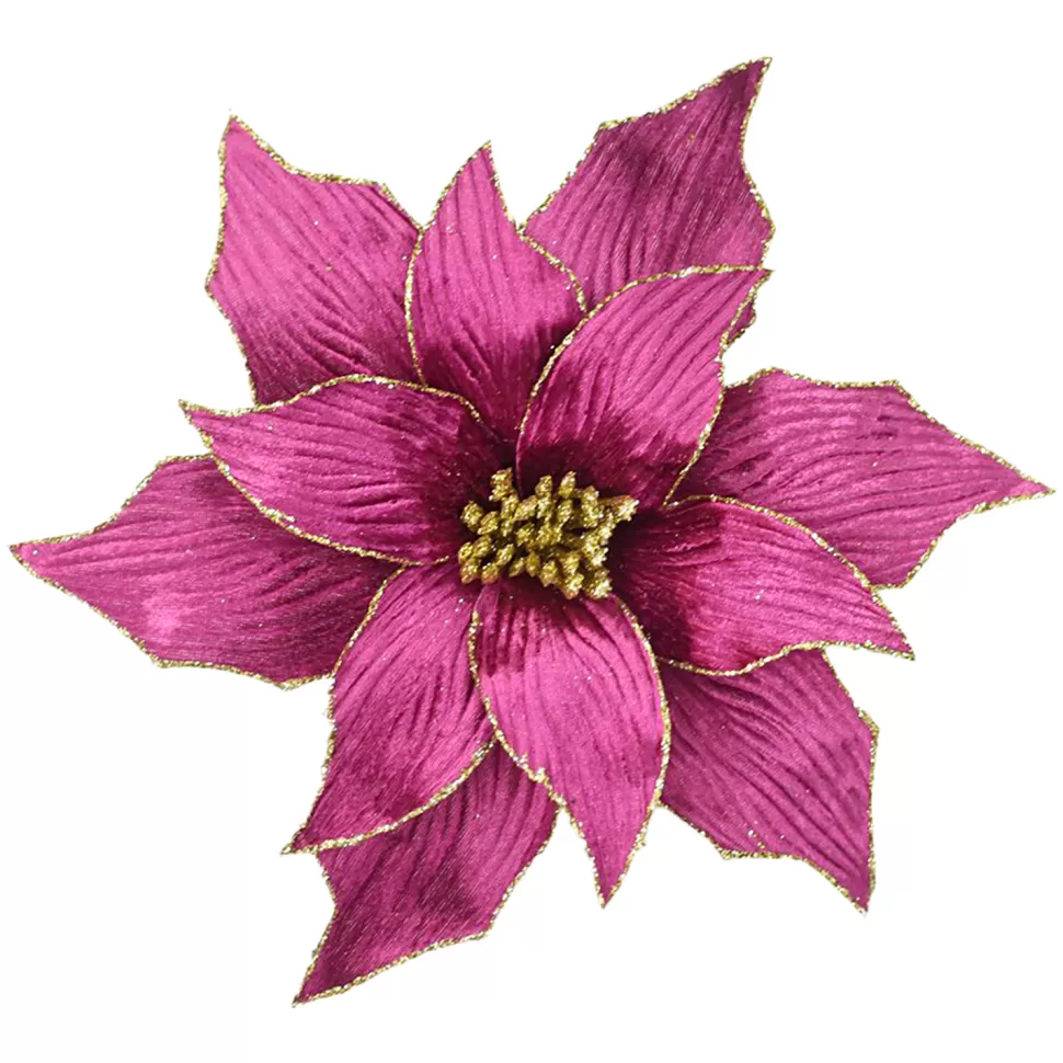Christmas Forever POINSETTIA HEAD FUCHSIA/ MAGENTA 12″ VELVET W/ CH GLITTER EDGE & CLIP