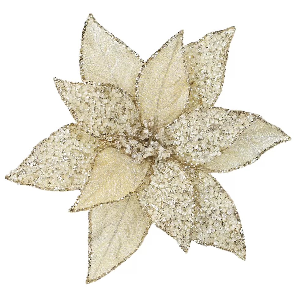 Christmas Forever POINSETTIA HEAD GOLD 11.5″ METALLIC ICED W/ CLIP