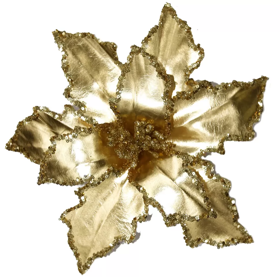 Christmas Forever POINSETTIA HEAD GOLD 12″ METALIC W/GLITTER W/CLIP