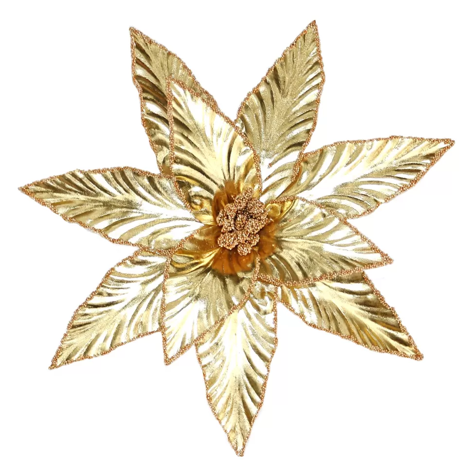 Christmas Forever POINSETTIA HEAD GOLD 12″ METALLIC W/GLTR & CLIP