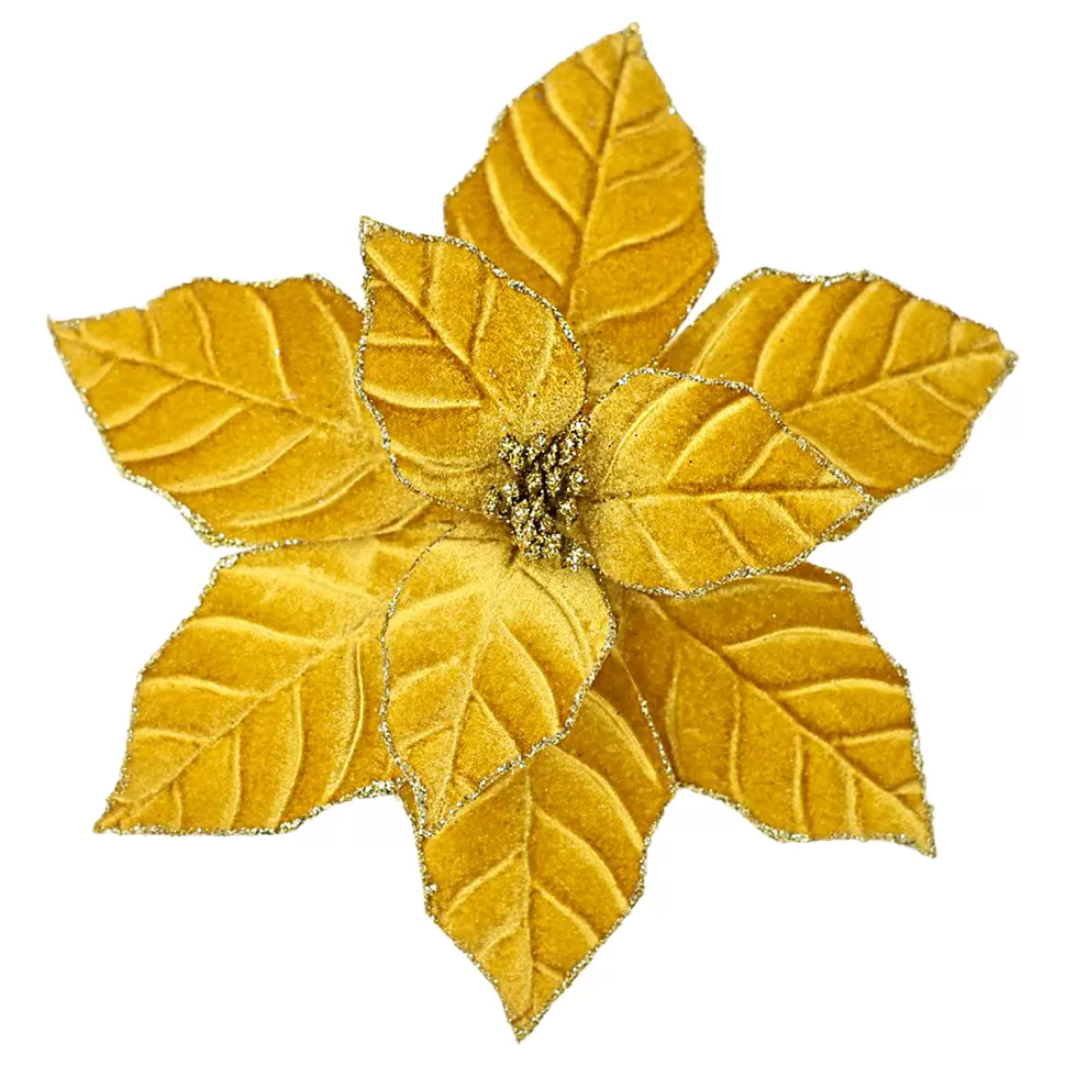 Christmas Forever POINSETTIA HEAD GOLD 9.5″ VELVET W/ CLIP